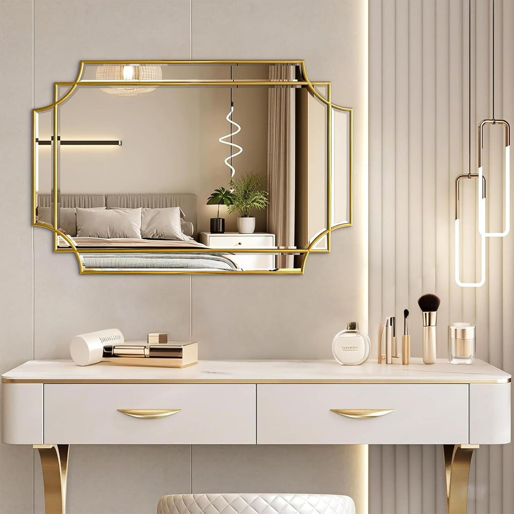 30x20 Inch Gold Bathroom Mirror, Wooden Frame with Scalloped Polished Beveled...
