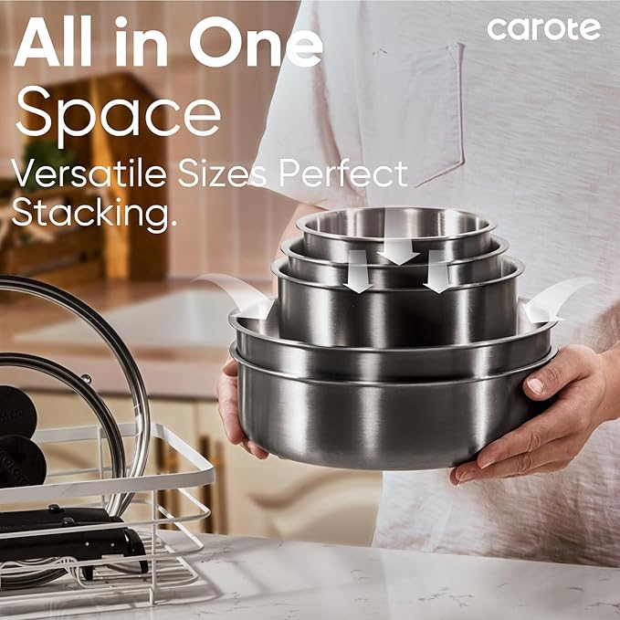 CAROTE Pots and Pans Set, Stainless Steel Cookware Set Detachable Handle
