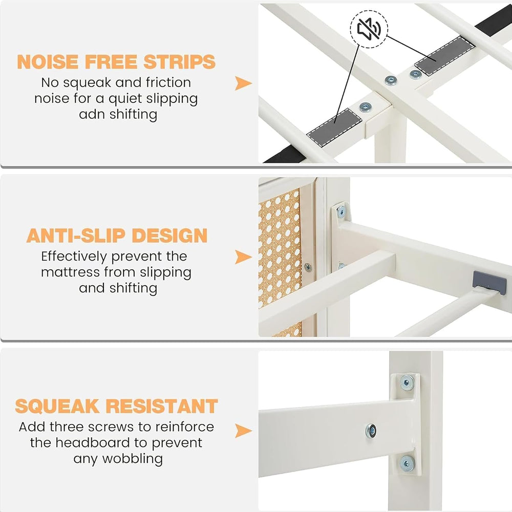 IDEALHOUSE Rattan Bed Frame with Headboard, Boho Full Size Bed Frame, White