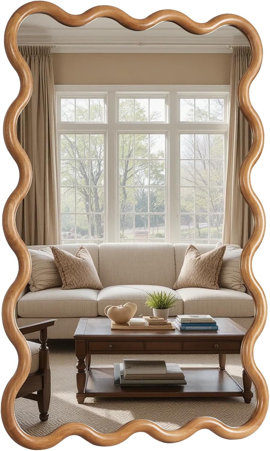 28"x40" Wavy Wood Mirror, Rectangular Wall Mirror with Natural Wood...