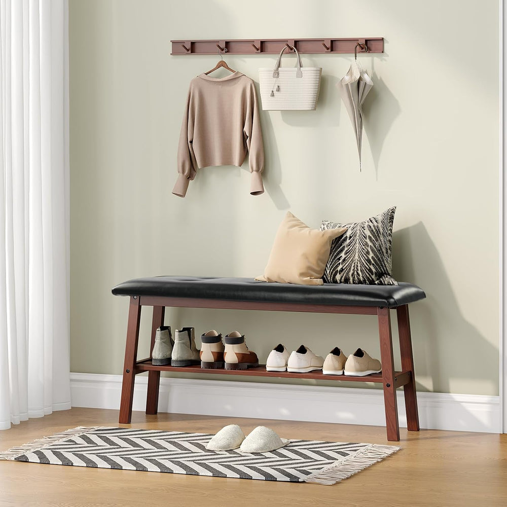 VINGLI Padded Solid Wood Dining Table Bench with Shoe Rack Storage Walnut