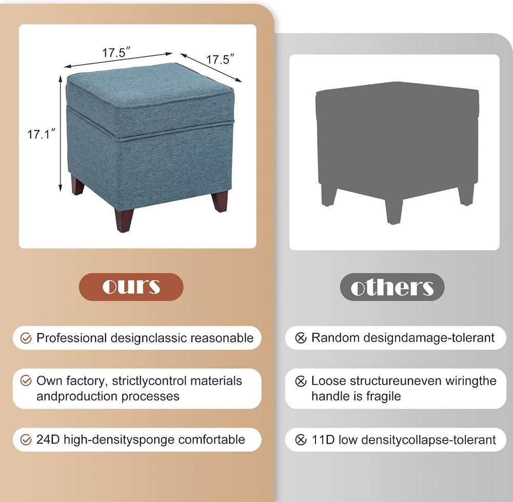 Adeco 17" Square Ottoman with Storage, Small Blue Storage Ottoman Foot R...