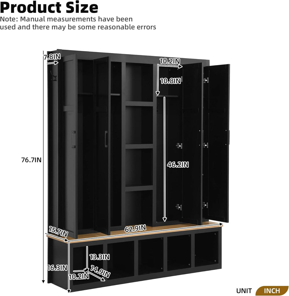 Modern 63'' Wide Hall Tree with 6 Hidden Hanging Hooks, Brown Wood Gr...