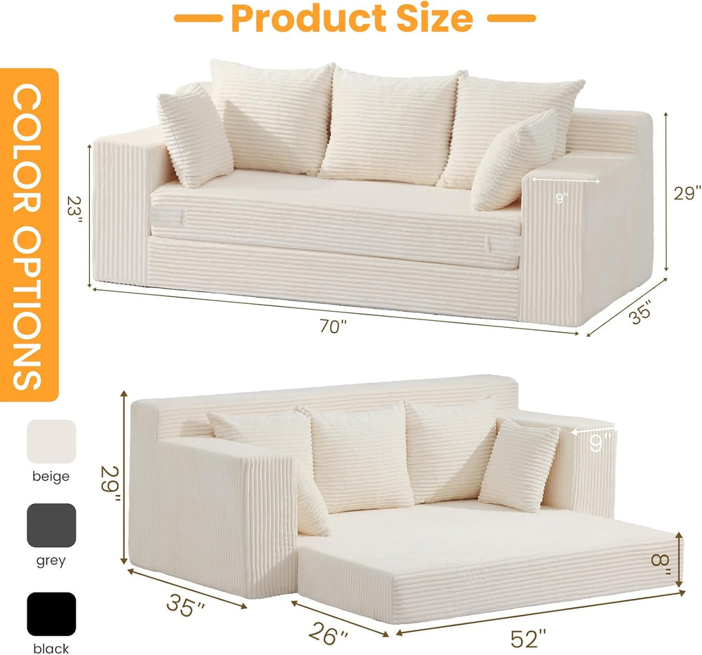 Boneless Couch 70 inch, 3 Seater Couch with Pull Out Bed, Boneless Loveseat O...