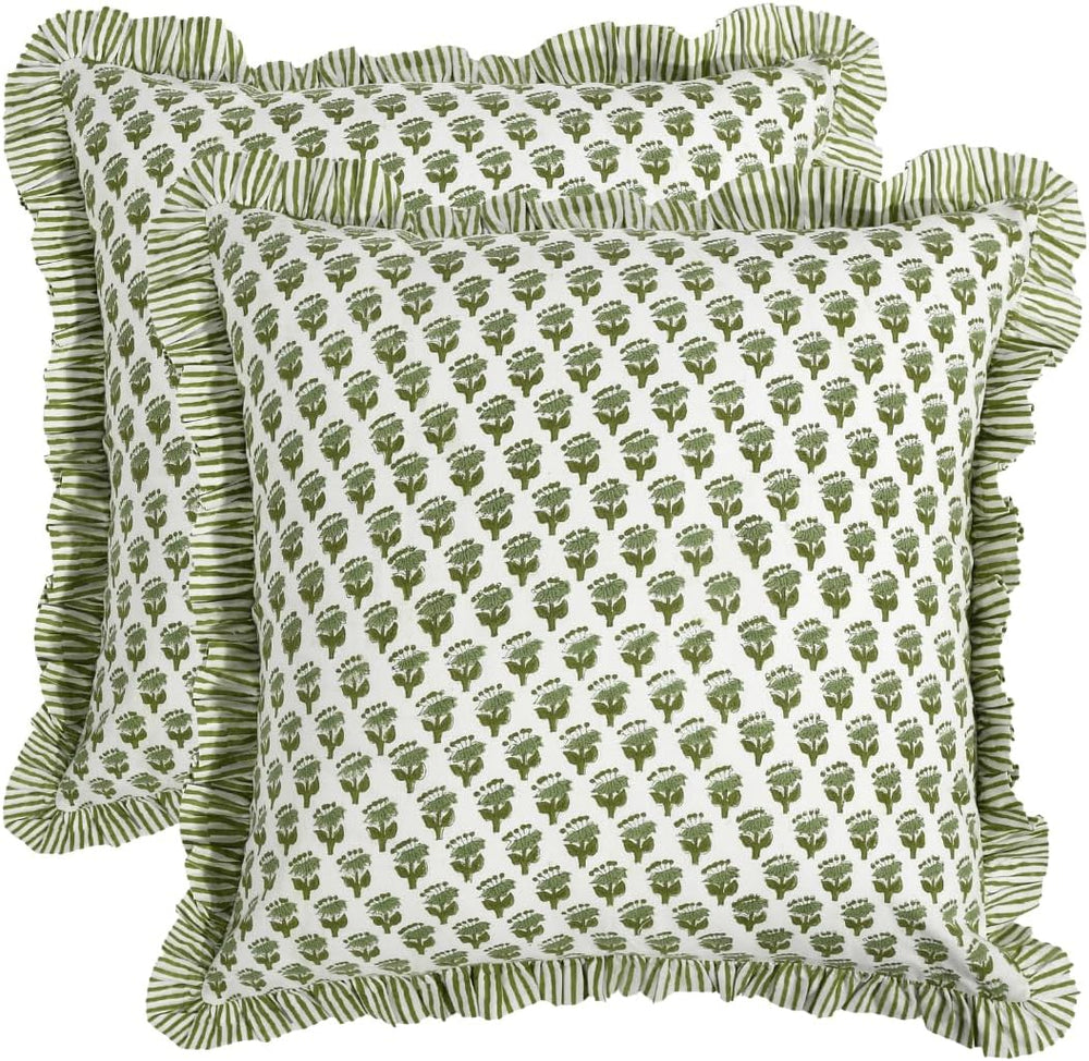 CPC Emerald Green Block Print Ruffle Pillow Cover 18x18 Inch, Pack of 2