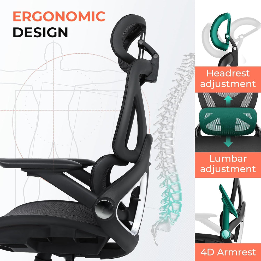 Ergonomic Mesh Office Chair, Adjustable Lumbar High Back Desk Chair 400lbs, 4...