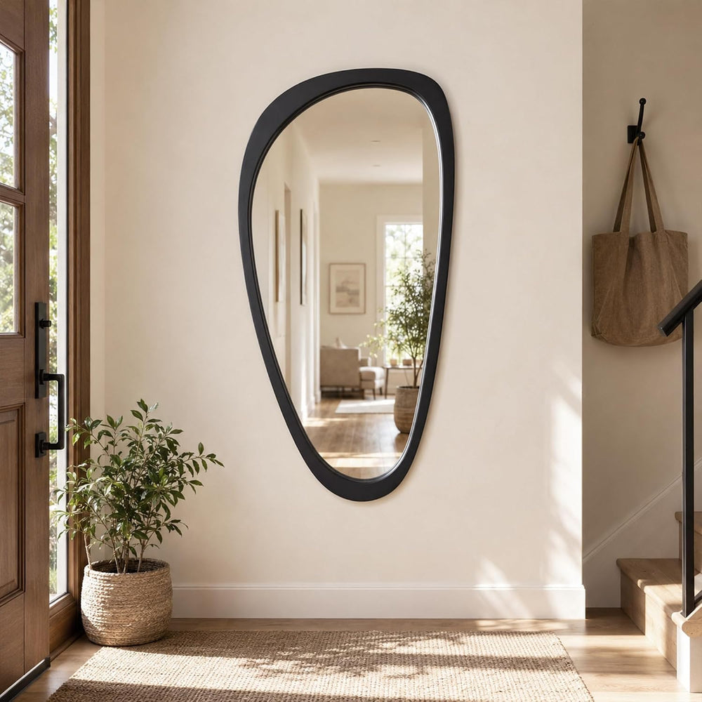 48x24 Inch Matte Black Large Irregular Solid Wood Wall Mirror