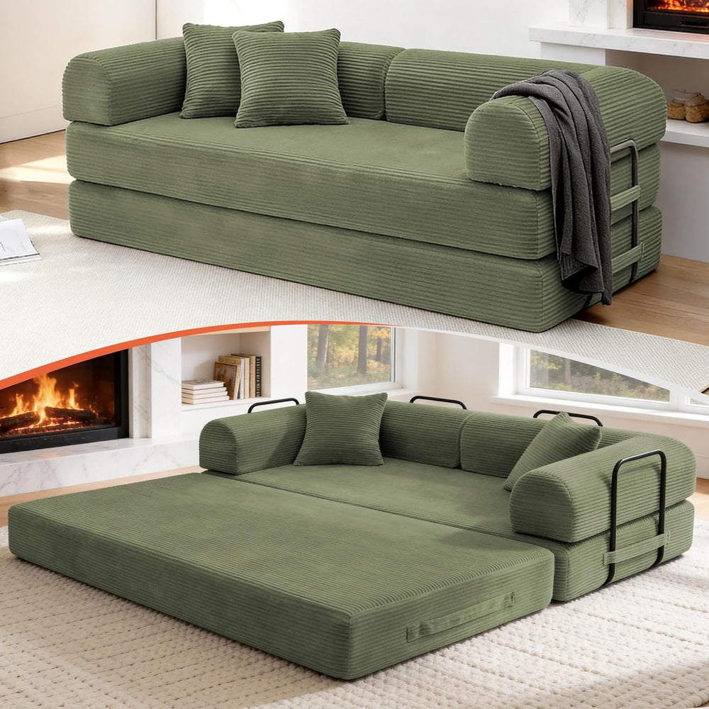 79" Corduroy Sofa Bed, Boneless Couch in a Box with 2 Pillows, High-Dens...