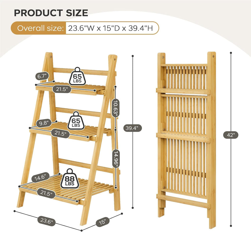 Foldable Ladder Shelf 39.4", Plant Shelf 3 Tier, Bamboo Ladder Flower Po...