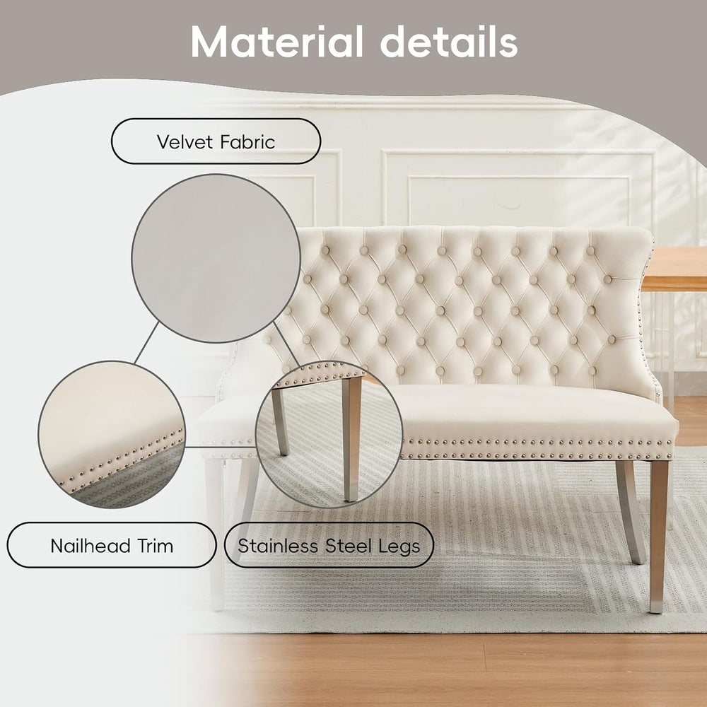 Beige Velvet Dining Bench, Tufted Upholstered Dining Loveseat