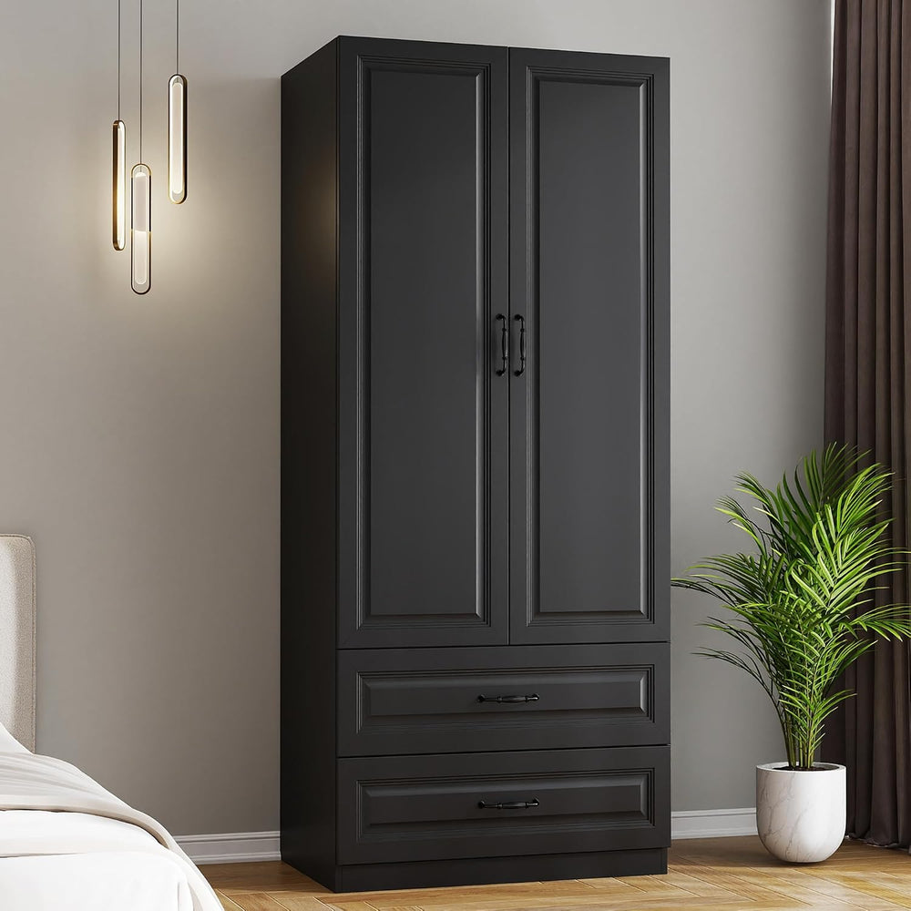 Black Wardrobe Closet with 2 Drawers and 2 Doors, 75" H x 32" W