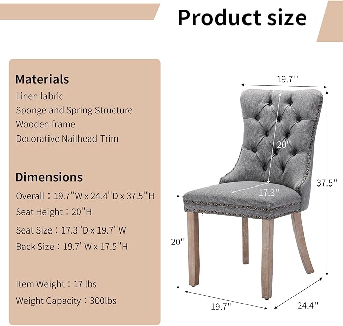 Modern Dining Chairs Set of 2, Tufted Upholstered Dining Chairs with Solid Wo...