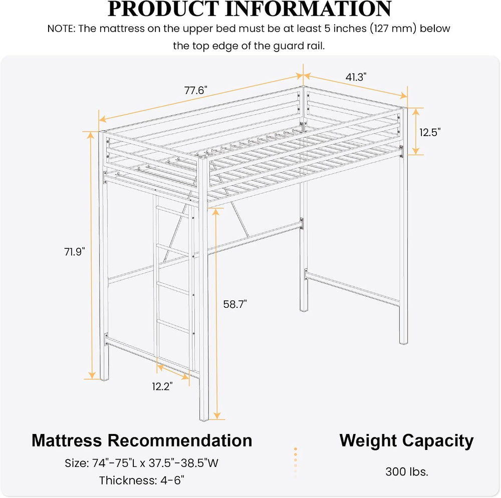 SHA CERLIN Loft Bed Twin Size with Ladder and Guardrail,Black