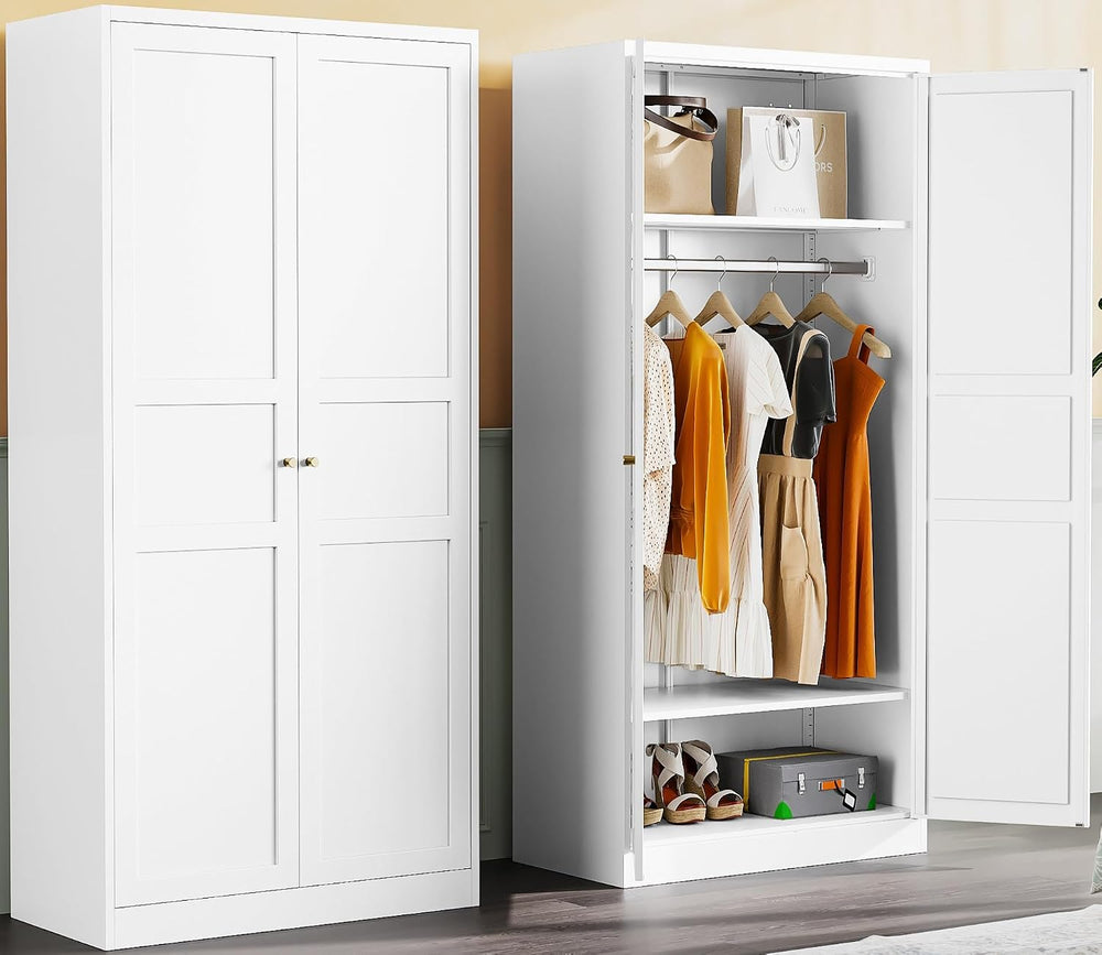 Metal Wardrobe Cabinet with Hanging Rod,White Armoire Wardrobe Closet,Metal C...