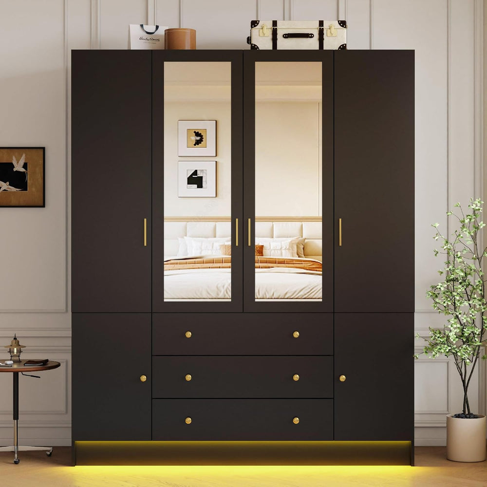75” Tall Wardrobe Closet with 4 Doors & 3 Drawers, Modern Armoire with Mi...