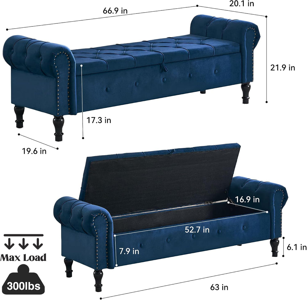 Velvet Storage Bench 67 Inch Upholstered Tufted Ottoman Bench with Arms Large...