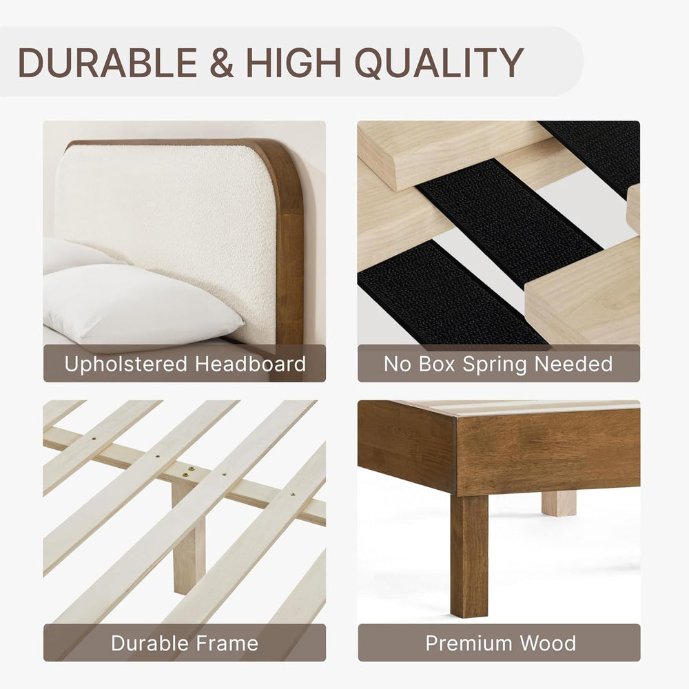 KISLOT Wood Bed Frame with Upholstered Headboard, Mid-Century Boucle Fabric P...