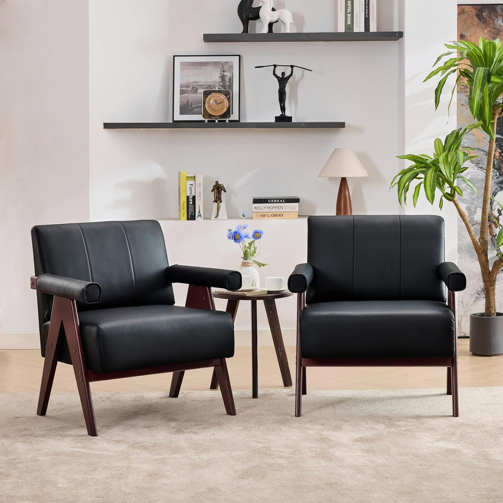STHOUYN Faux Leather Accent Chairs Set of 2, Wooden Arm Chairs (Black)