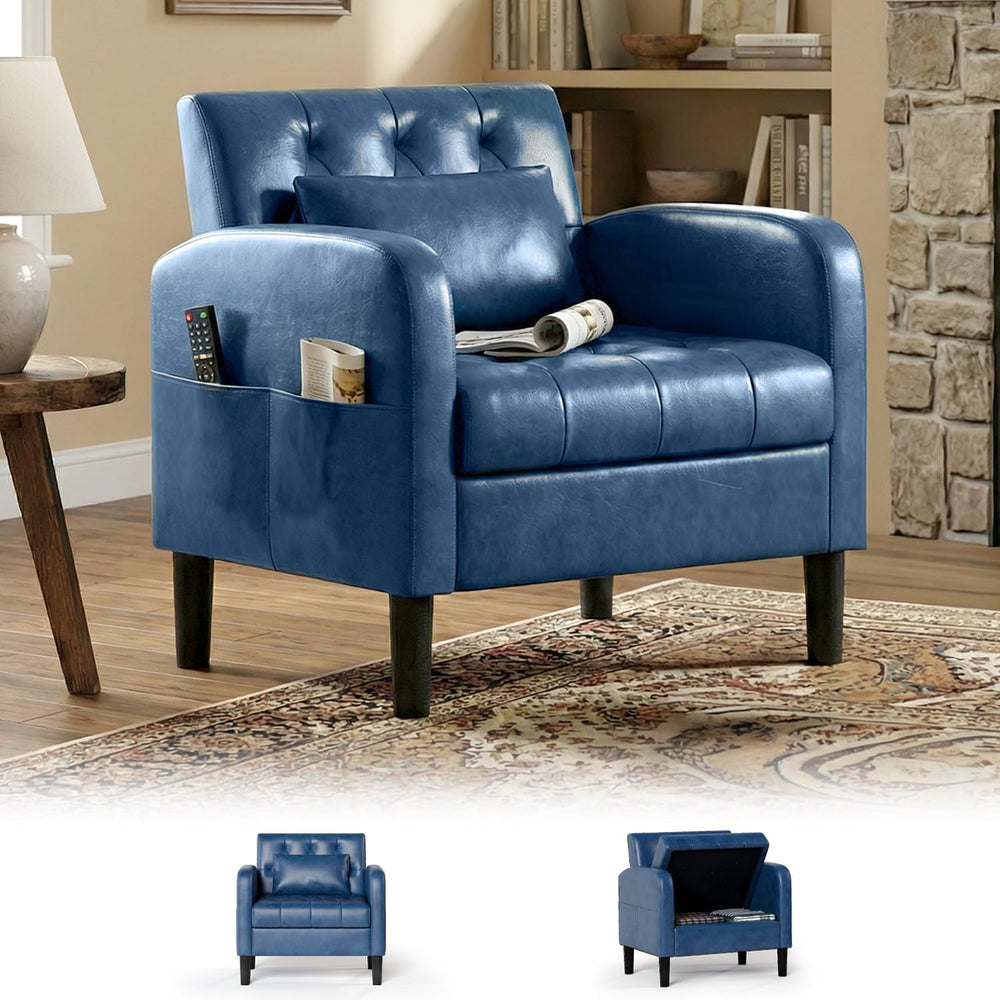 Leather Accent Chair w/Storage, Comfy Modern Living Room Chair, Armchair