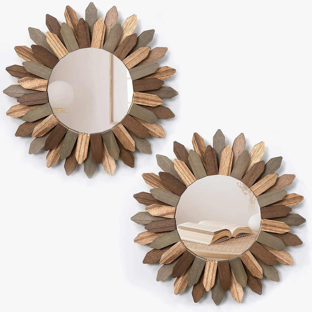 Honiway Boho Wall Decor Mirror 2 Pack 12 inch Rustic Wood Decorative Mirror f...