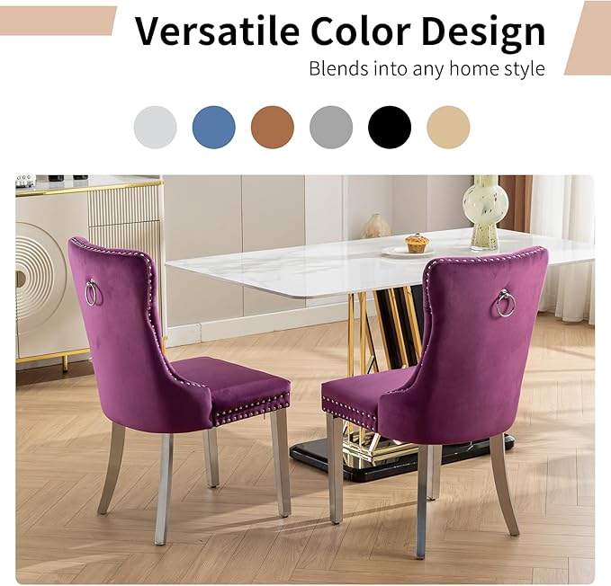 Luxury Upholstered Dining Chairs Set of 6, Purple Kitchen Chair with Silver M...
