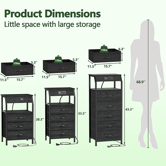 Furnulem Night Stand with Charging Station, 4 Drawer Dresser with Storage She...