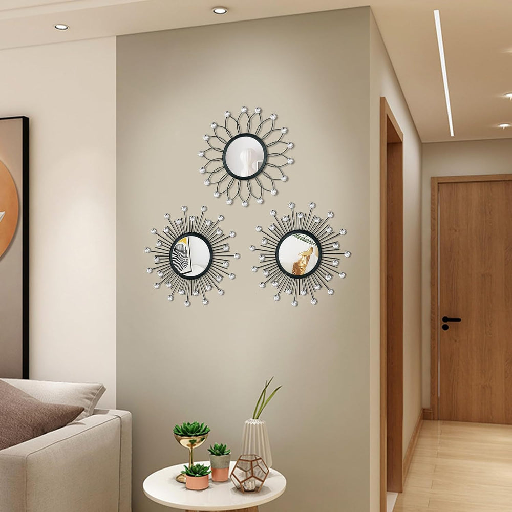 3 Pack Metal Mirror for Wall Sunburst Wall Mirror Black Crystal Home Accent