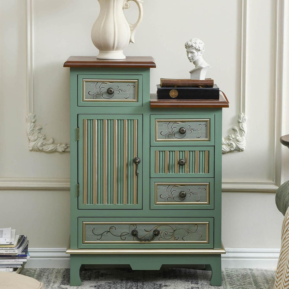 Vintage Accent Chest with 5-Drawers and Door Carved Wood Storage Cabinet Mode...
