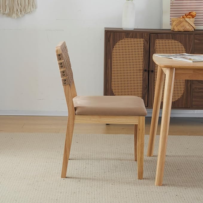 VINGLI Khaki Woven Wooden Dining Chairs Set of 4,Armless Mid Century Modern D...