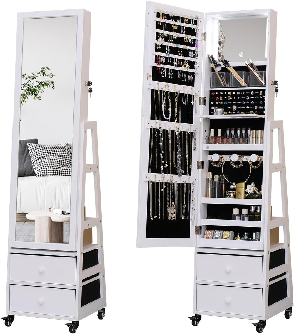 Jewelry Cabinet Standing Mirror with Drawers Jewelry Armoire Organizer | Full...
