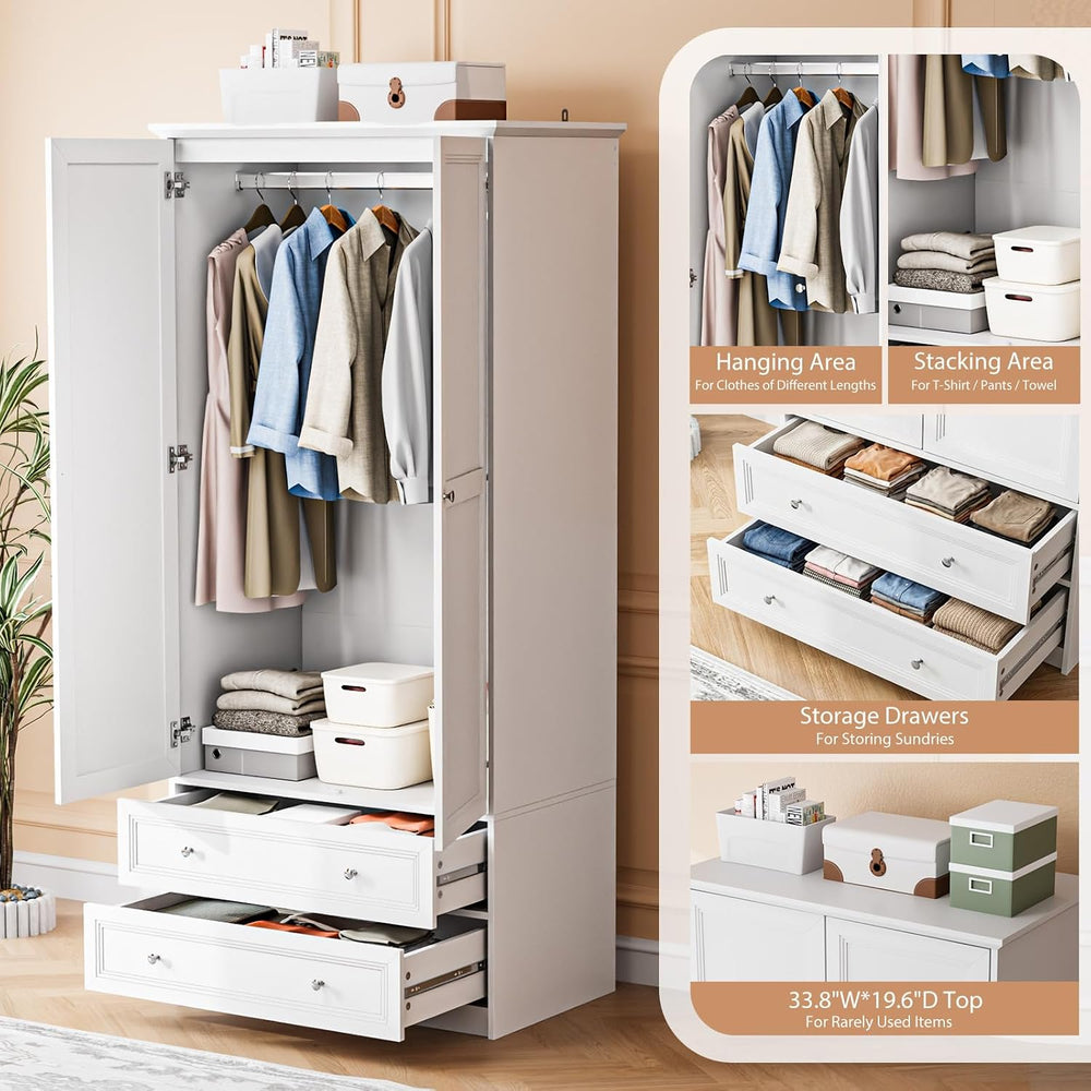 VINGLI 72" Wooden Armoire Wardrobe Closet with 2 Doors and 2 Drawers, White