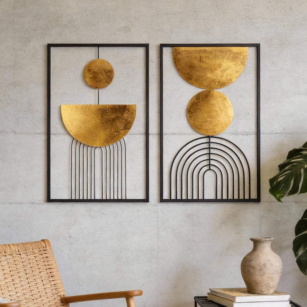 Abstract Geometric Wall Decor Set, Gold and Black Metal Wall Art with Circula...