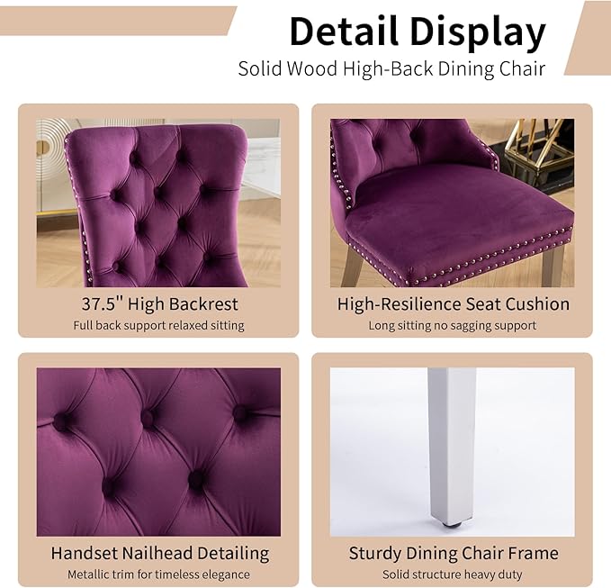 Luxury Upholstered Dining Chairs Set of 6, Purple Kitchen Chair with Silver M...