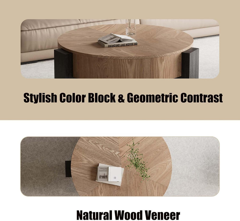 Round Coffee Table with Hidden Storage & 3 Block Legs