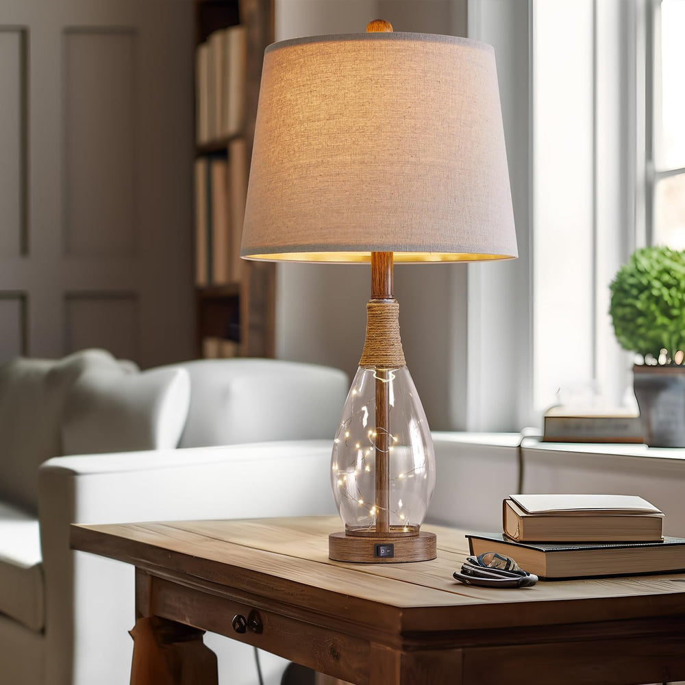 2 in 1 Bedside Table Lamps Set of 2, Farmhouse Glass Lamp, Wood-Like