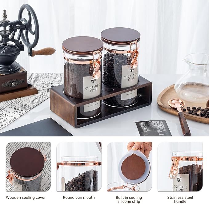 Glass Coffee Canister Set with Wooden Shelf, 2 Pack 45oz Airtight Food Storage