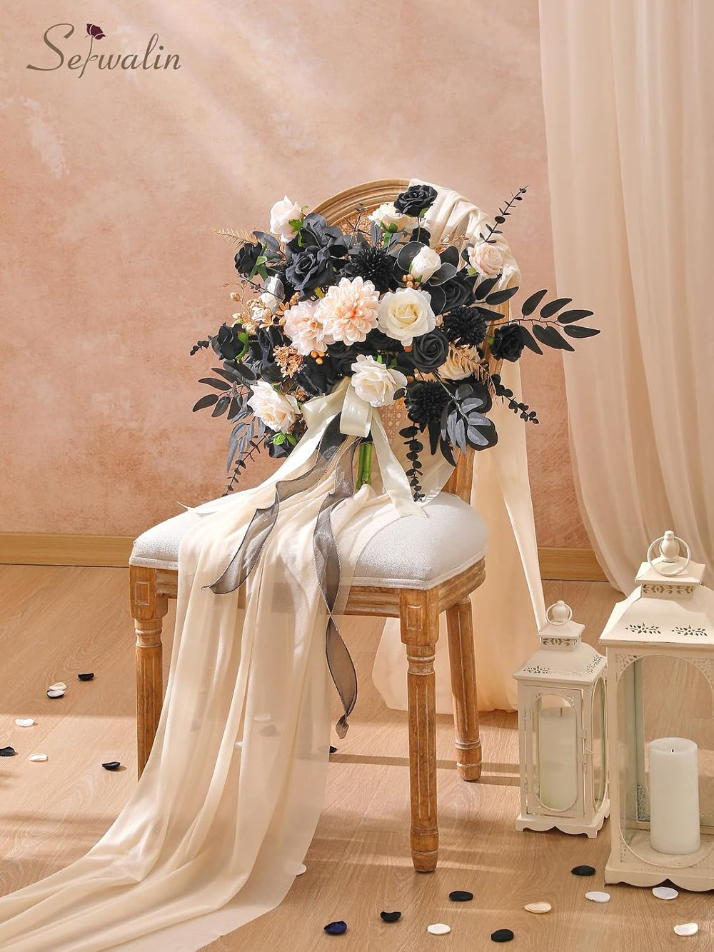 Serwalin Artificial Flowers Black Gold Champagne Silk Flowers for Wedding