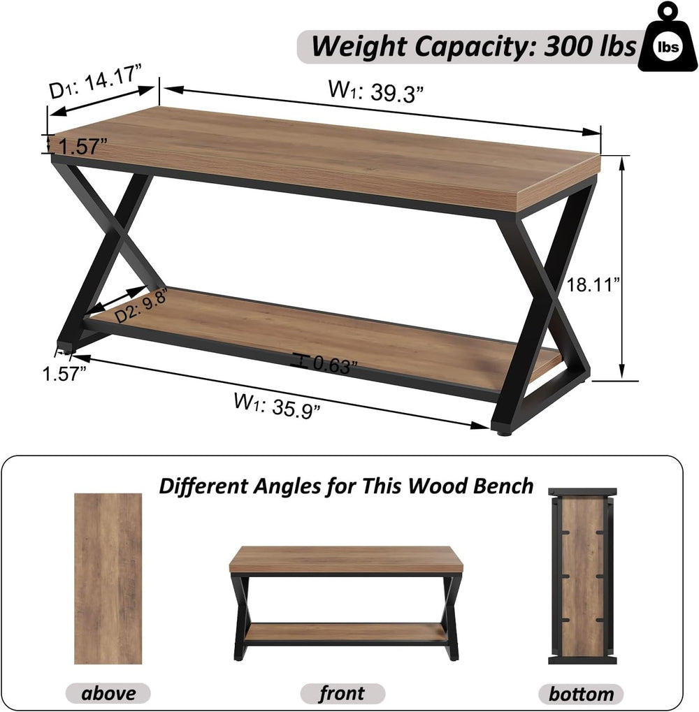 IBF Rustic Entryway Bench with Storage, Rustic Oak Wood and Metal Bench