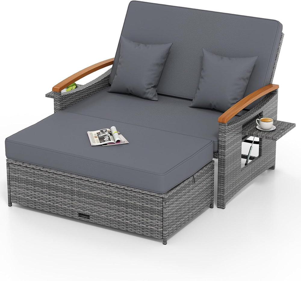 COSTWAY Patio Rattan Daybed, Outdoor Loveseat Sofa with Storage Ottoman