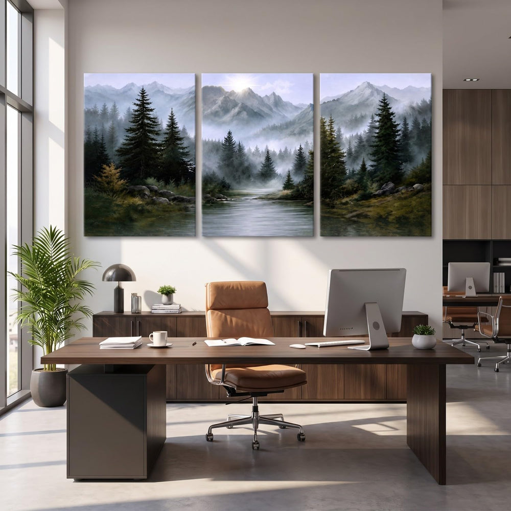 Mountain Wall Art Set of 3, foggy mountain Forest Nature Landscape Canvas