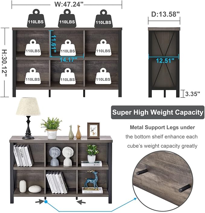 FATORRI Rustic 6 Cube Storage Organizer with Shelf, Wood and Metal Cubby Book...