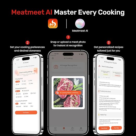 WiFi Wireless Bluetooth Meat Thermometer Digital, Smart AI Powered Cooking