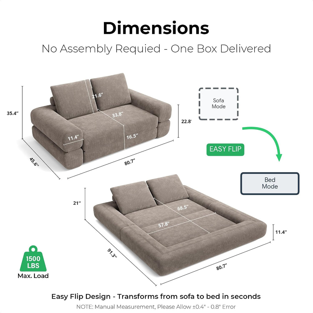 LIKIMIO FlipNest 3-in-1 Convertible Sleeper Sofa, Light Brown
