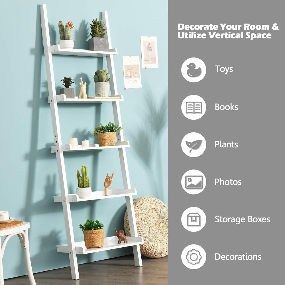 Tangkula 5-Tier Ladder Shelf, Wall-Leaning Bookshelf w/Open Shelves, Plant Fl...