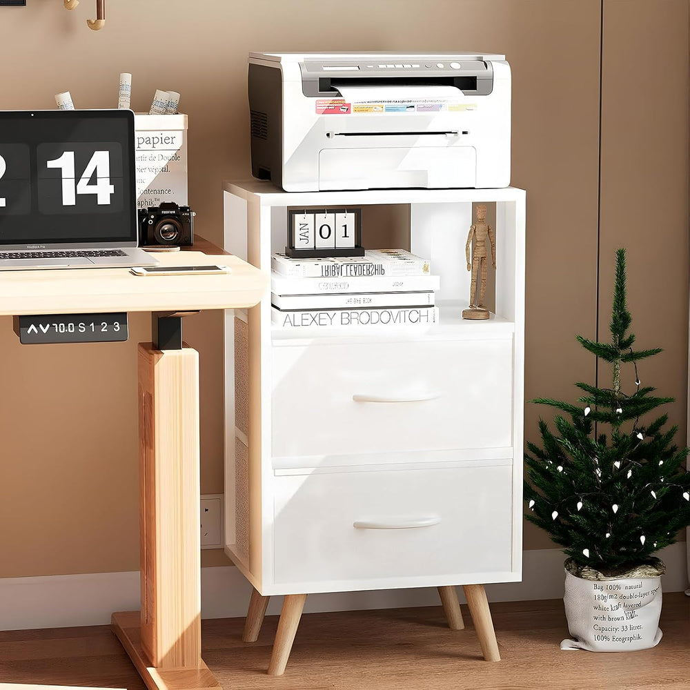 Aenuert Night Stand, White Nightstand with Fabric Drawers, Wooden Side Table ...