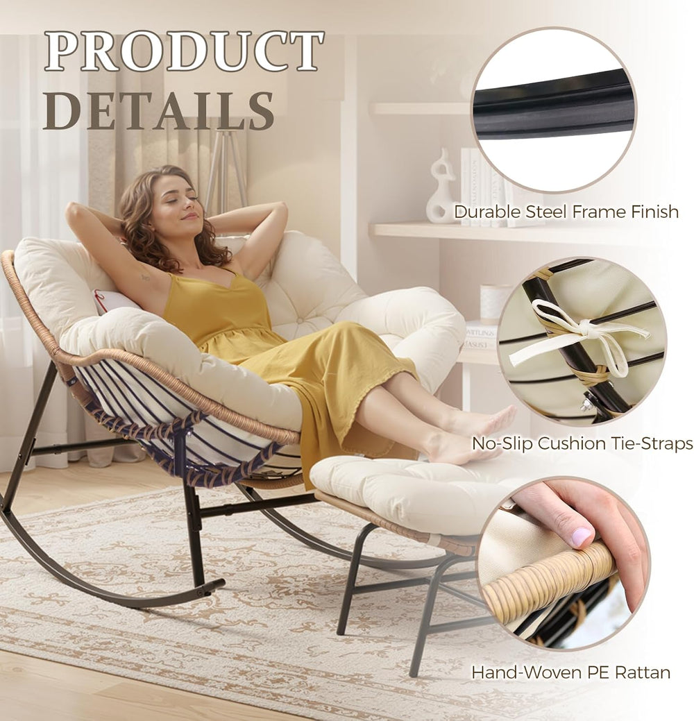 FINCATI Papasan Rocking Chair Indoor Outdooor, Oversized Wicker Recliner with...