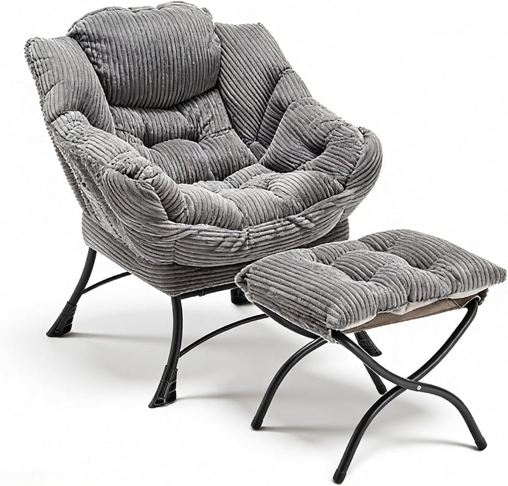 Lazy Chair with Ottoman, Modern Skinny Lounge Chair with Footrest