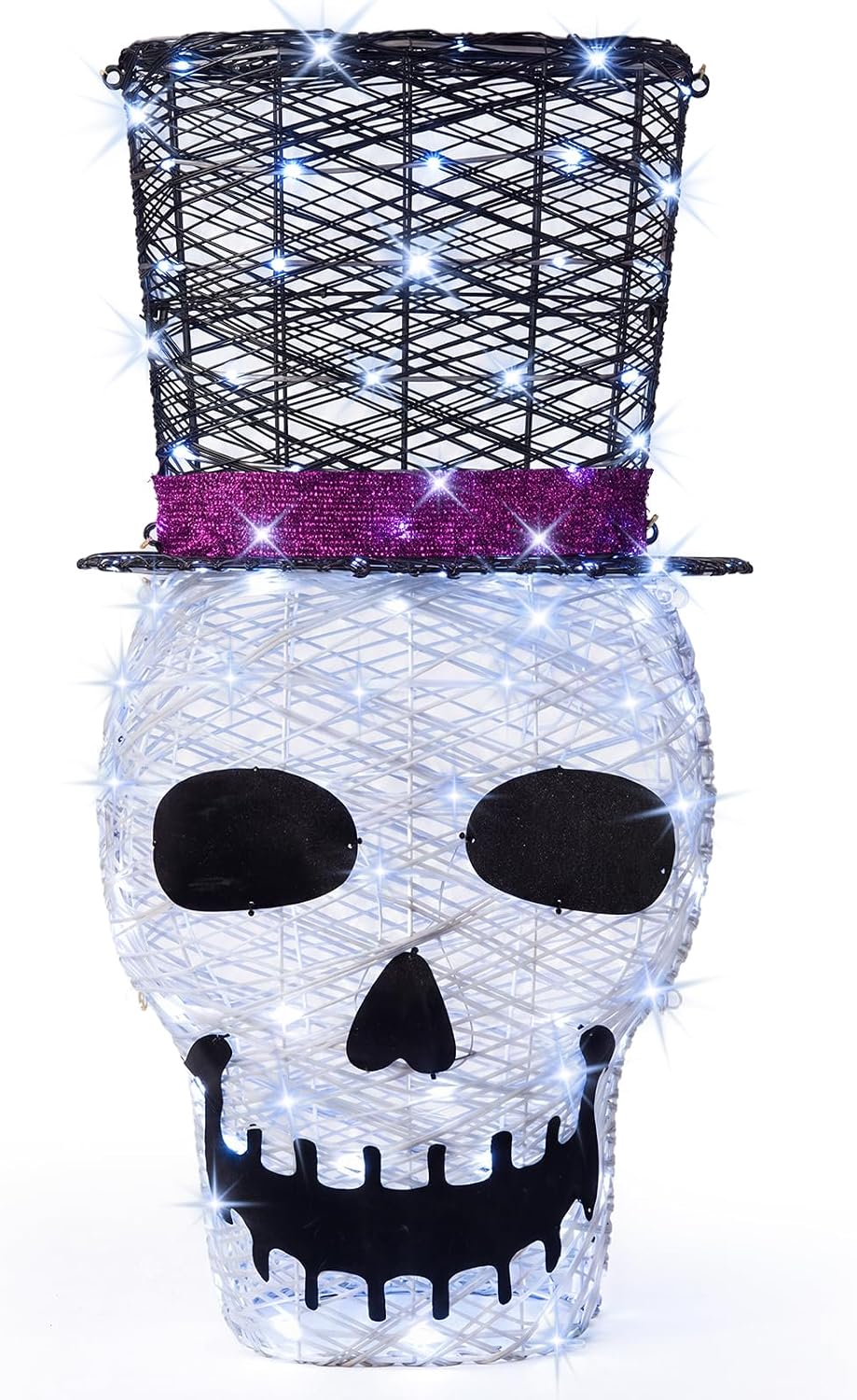 36" Lighted Skull with Top Hat,100 LED Prelit Skull Outdoor Halloween Decor