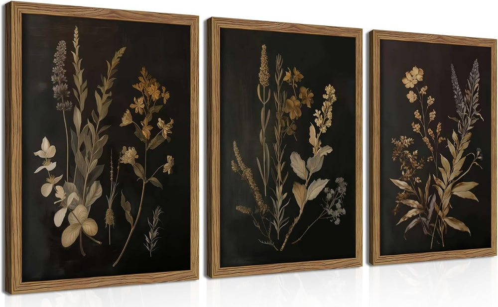 Framed Dark Botanical Wall Art Set of 3, Black Moody Floral Wall Decor Painti...