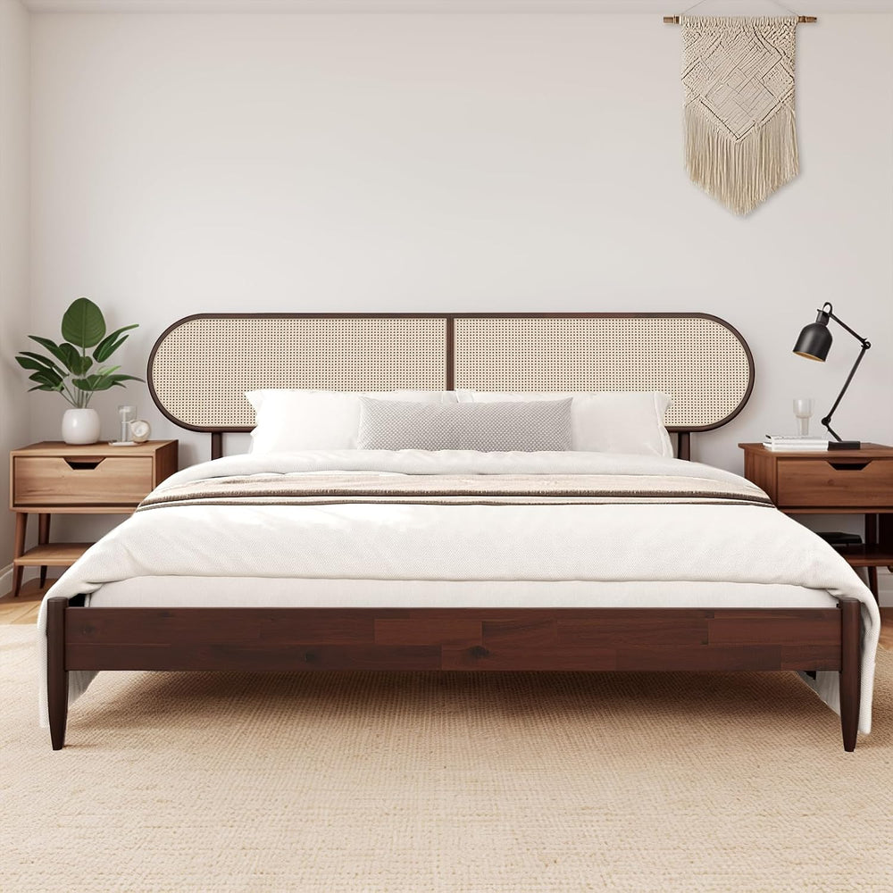 King Bed Frame with Rattan Headboard, Solid Wood Foundation with 12-Slat Wood...